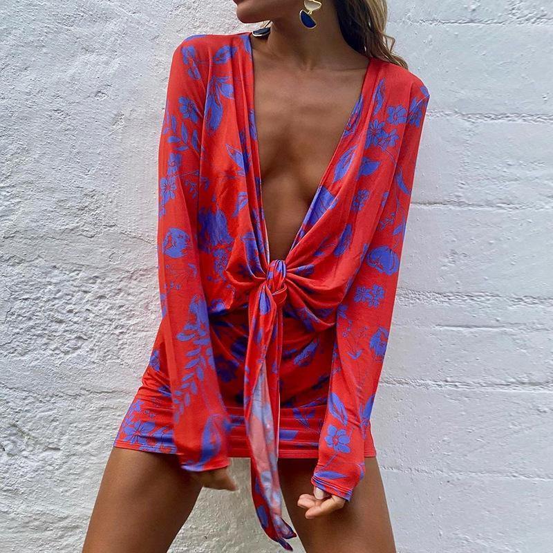 Long Sleeve Summer Lace Up Beach Dress-STYLEGOING