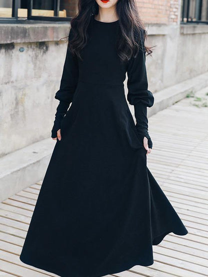 Vintage Solid Long Sleeve Dress-STYLEGOING