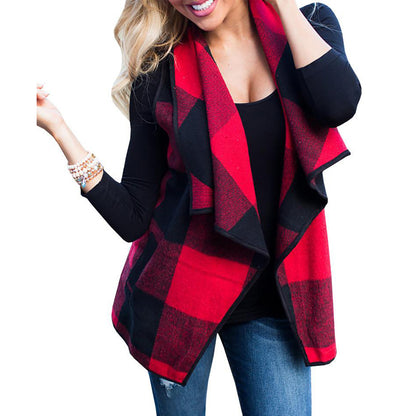 Women Plaid Pocket Cardigan Vest Coat