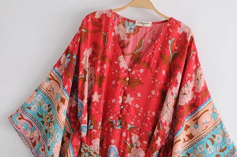 Red V-neck Bohemia Kimono Style Dresses-STYLEGOING