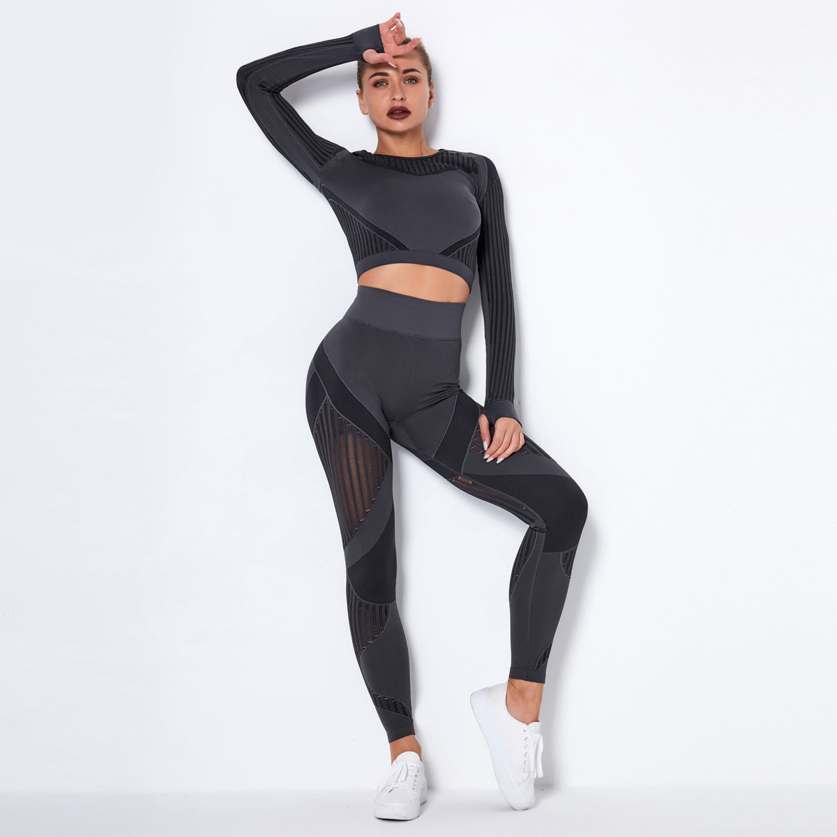 Sexy Hollow Out Long Sleeves Tops and Leggings Sets for Yoga Sporting