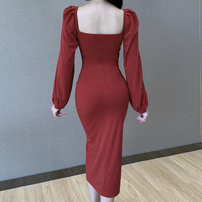 Sexy Square Neckline Split Long Sleeves Dresses