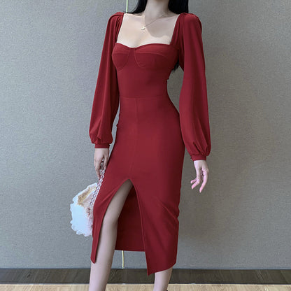 Sexy Square Neckline Split Long Sleeves Dresses