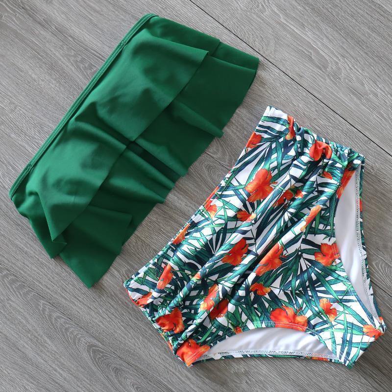Ruffled Print High Rise Triangle Bikinis-STYLEGOING