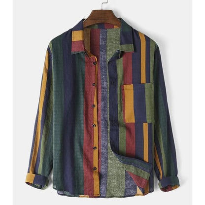 Fashion Casual Rainbow Striped Men Long Sleeves Shirts-STYLEGOING