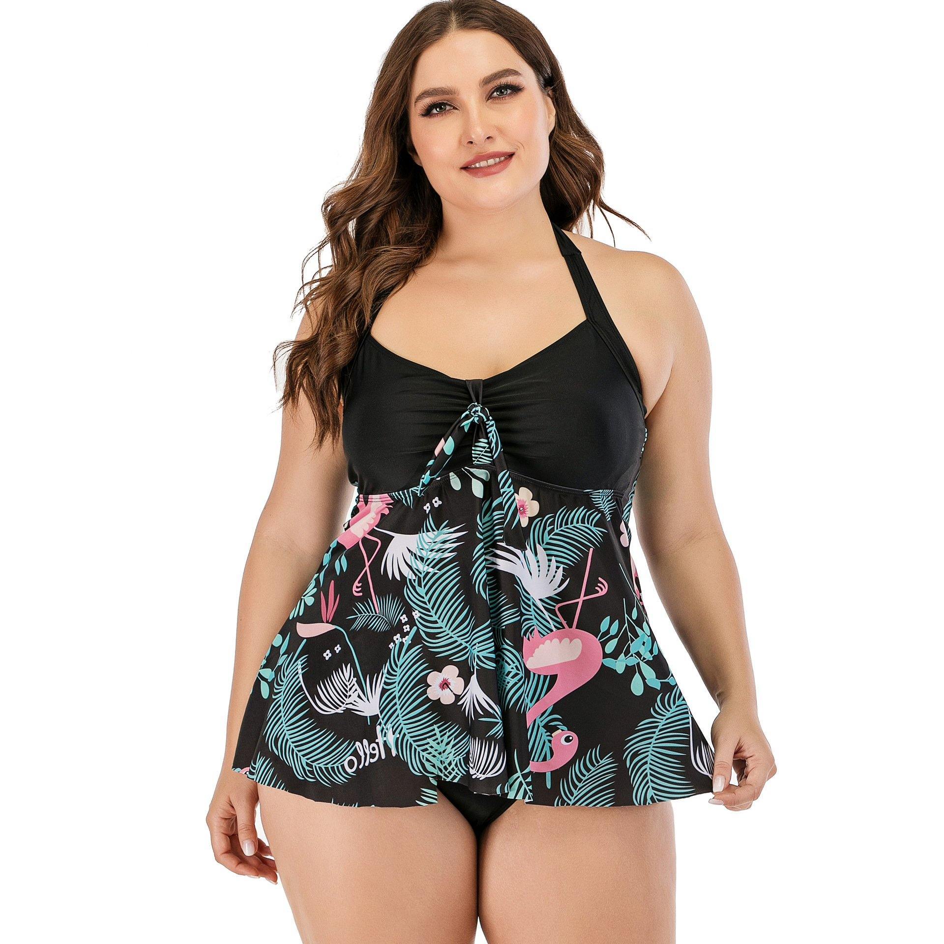 Plus Size Women Flamingo Print Tankini-STYLEGOING