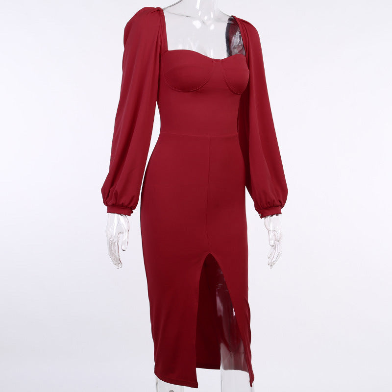 Sexy Square Neckline Split Long Sleeves Dresses