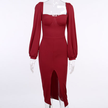 Sexy Square Neckline Split Long Sleeves Dresses