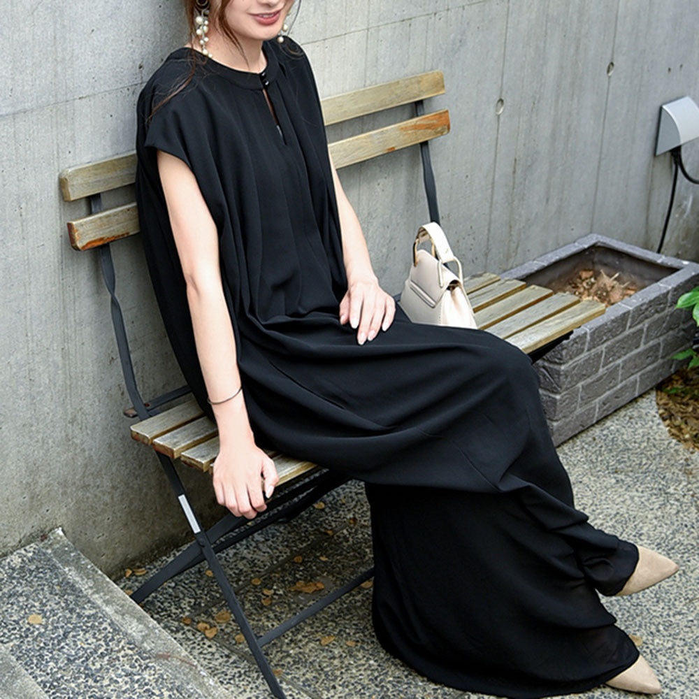 Black Chiffon Casual Long Jumpsuits for Women