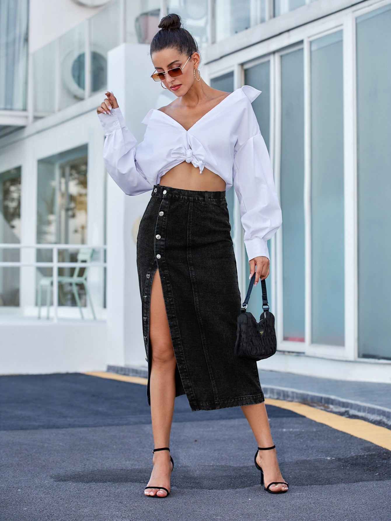 Sexy High Waist Slit Front Denim Skirts for Women