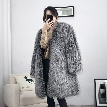 Luxury Winter Warm Artificial Fox Fur Long Overcoat for Women