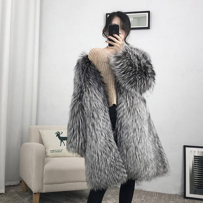 Luxury Winter Warm Artificial Fox Fur Long Overcoat for Women