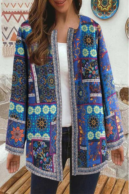 Vintage Cotton Linen Print Plus Size Women Cardigan Coat-Blue-L-Free Shipping at meselling99