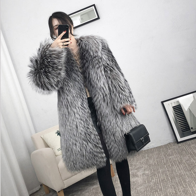 Luxury Winter Warm Artificial Fox Fur Long Overcoat for Women