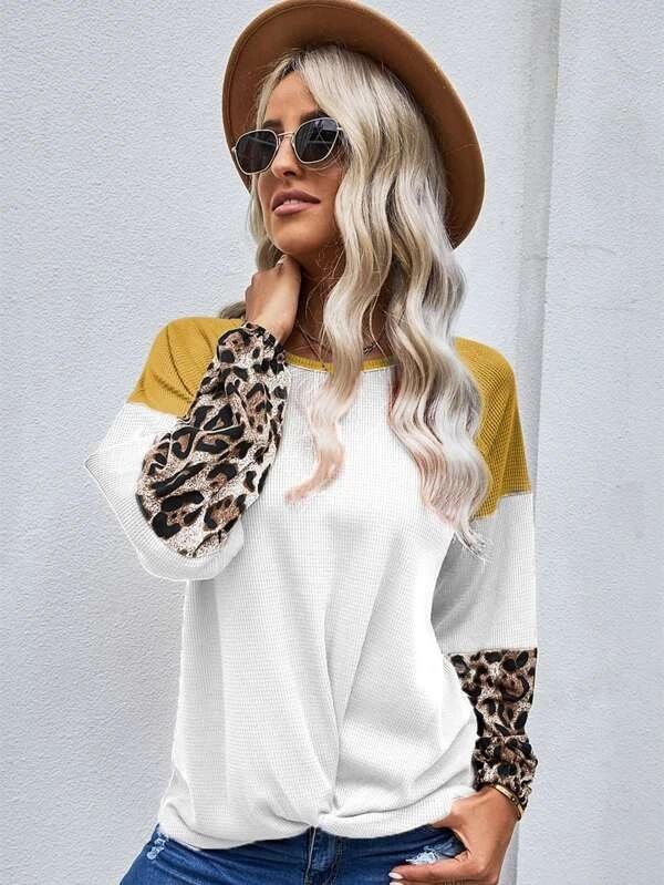 Casual Women Leopard Knitting Long Sleeves T Shirts-STYLEGOING