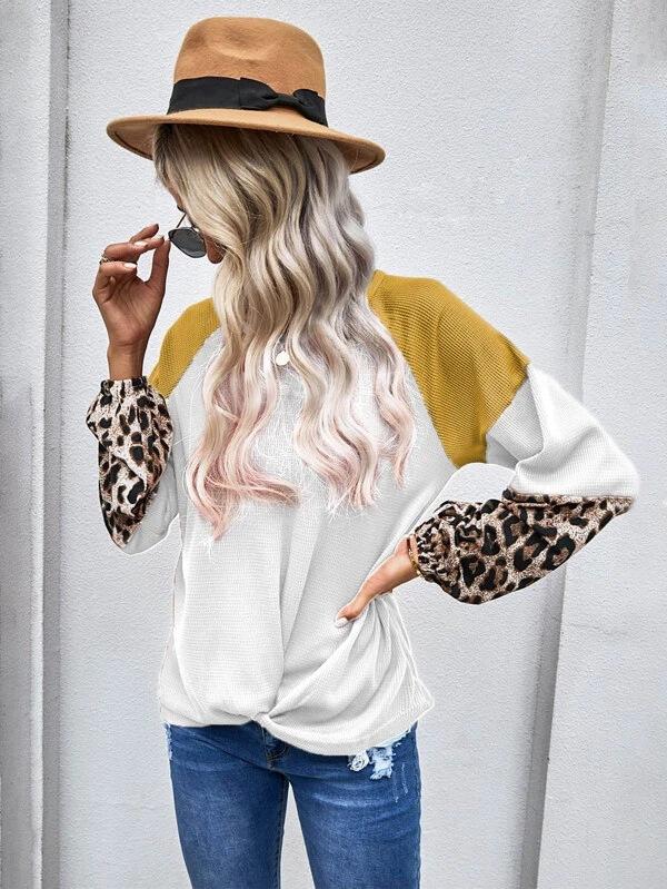 Casual Women Leopard Knitting Long Sleeves T Shirts-STYLEGOING