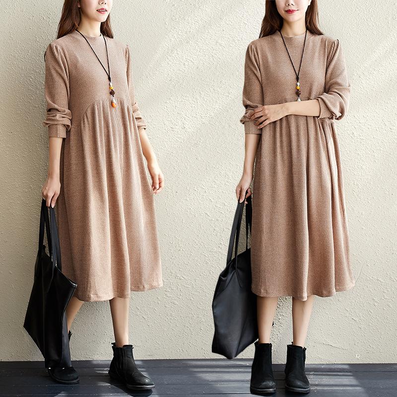 Elegant  Women Long Sleeves Round Neck Fall Dresses
