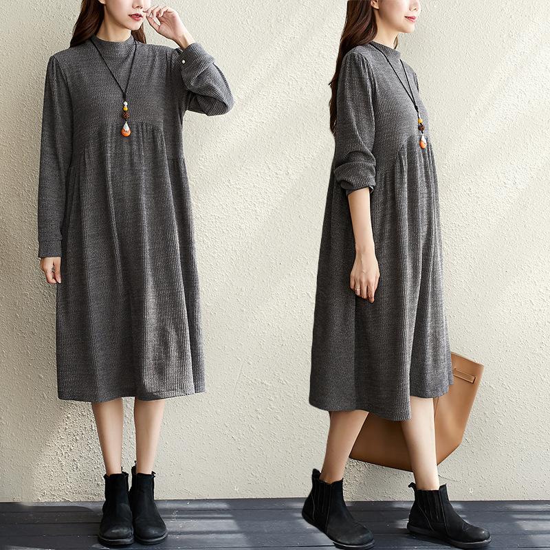 Elegant  Women Long Sleeves Round Neck Fall Dresses