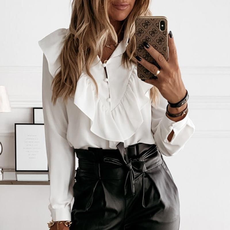 Women Ruffled Long Sleeves Fall Shirts-STYLEGOING