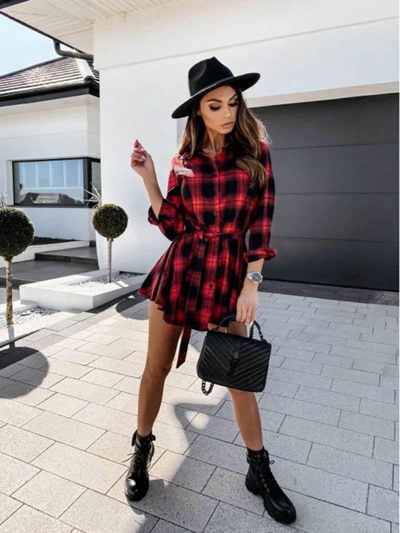 Women Plaid Design Fall Long Sleeves Shirt Dresses-STYLEGOING