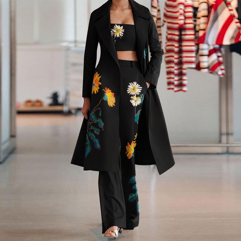 Classy Daisy Print Trenchcoat and Pants Suits-STYLEGOING