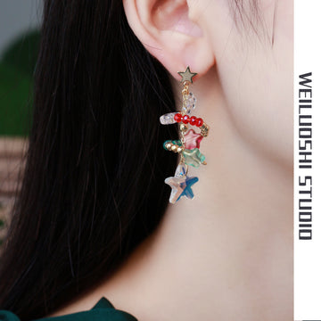 Cute Christmas Crystal Star Design Drop Earrrings for Women