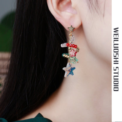 Cute Christmas Crystal Star Design Drop Earrrings for Women