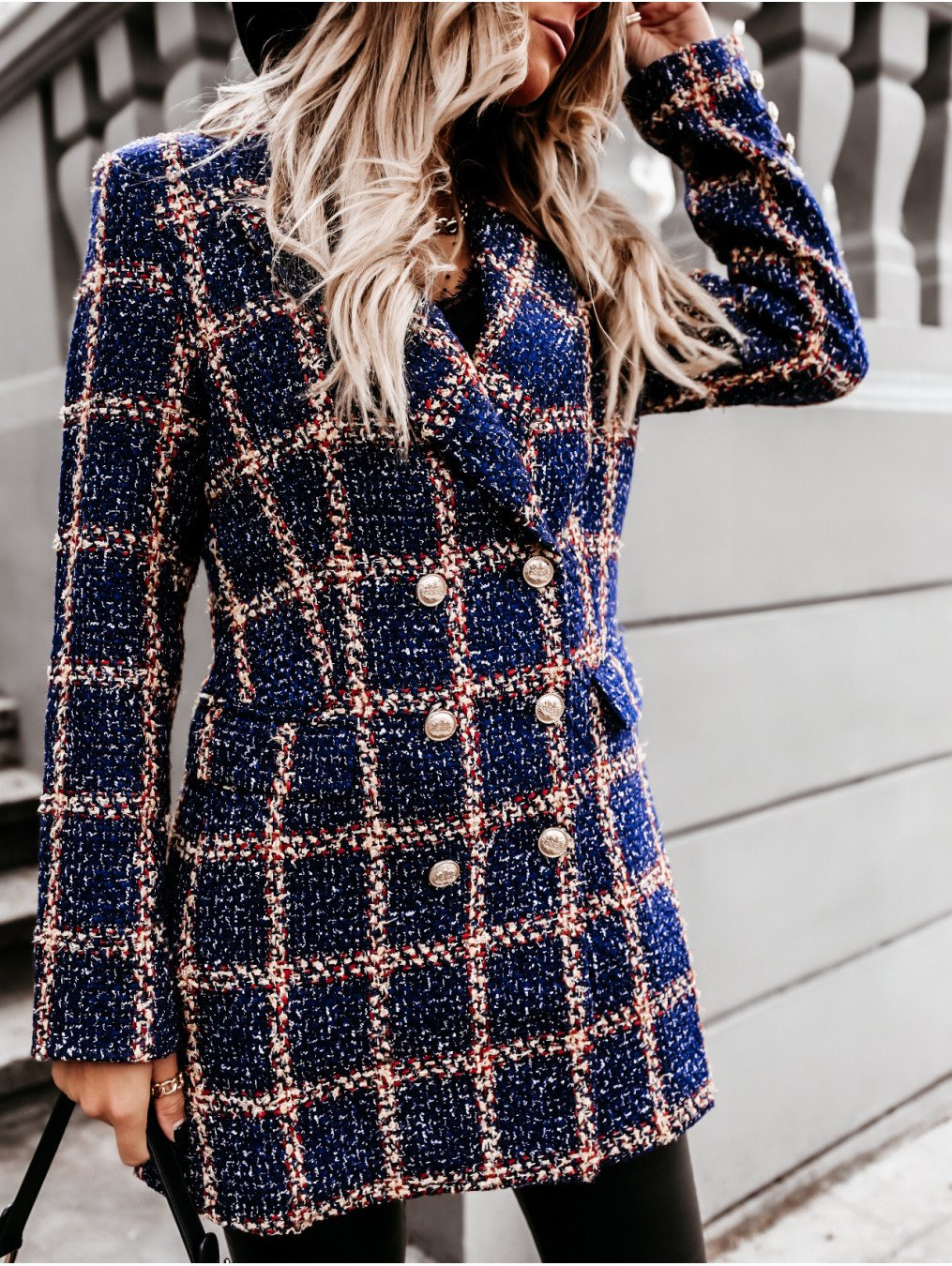 Women Turnover Collar Plaid Winter Overcoat-STYLEGOING