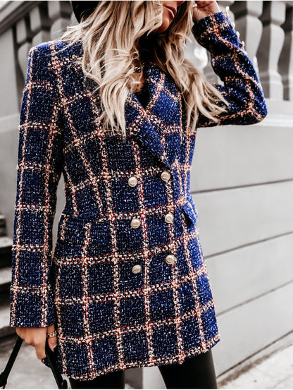 Women Turnover Collar Plaid Winter Overcoat-STYLEGOING