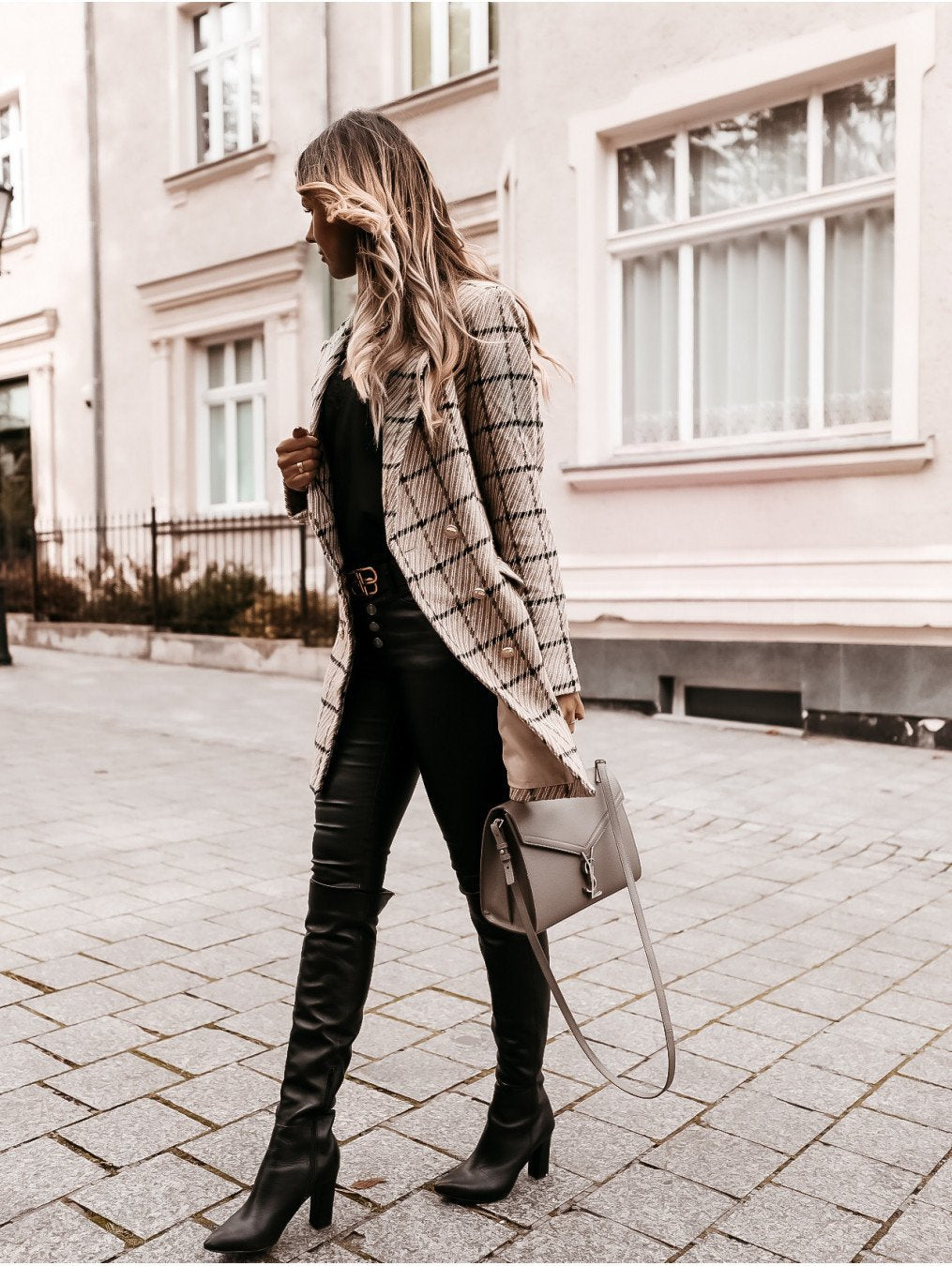 Women Turnover Collar Plaid Winter Overcoat-STYLEGOING