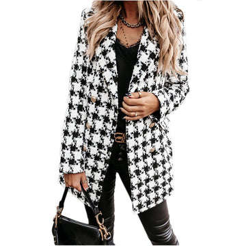 Women Turnover Collar Plaid Winter Overcoat-STYLEGOING