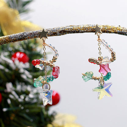 Cute Christmas Crystal Star Design Drop Earrrings for Women