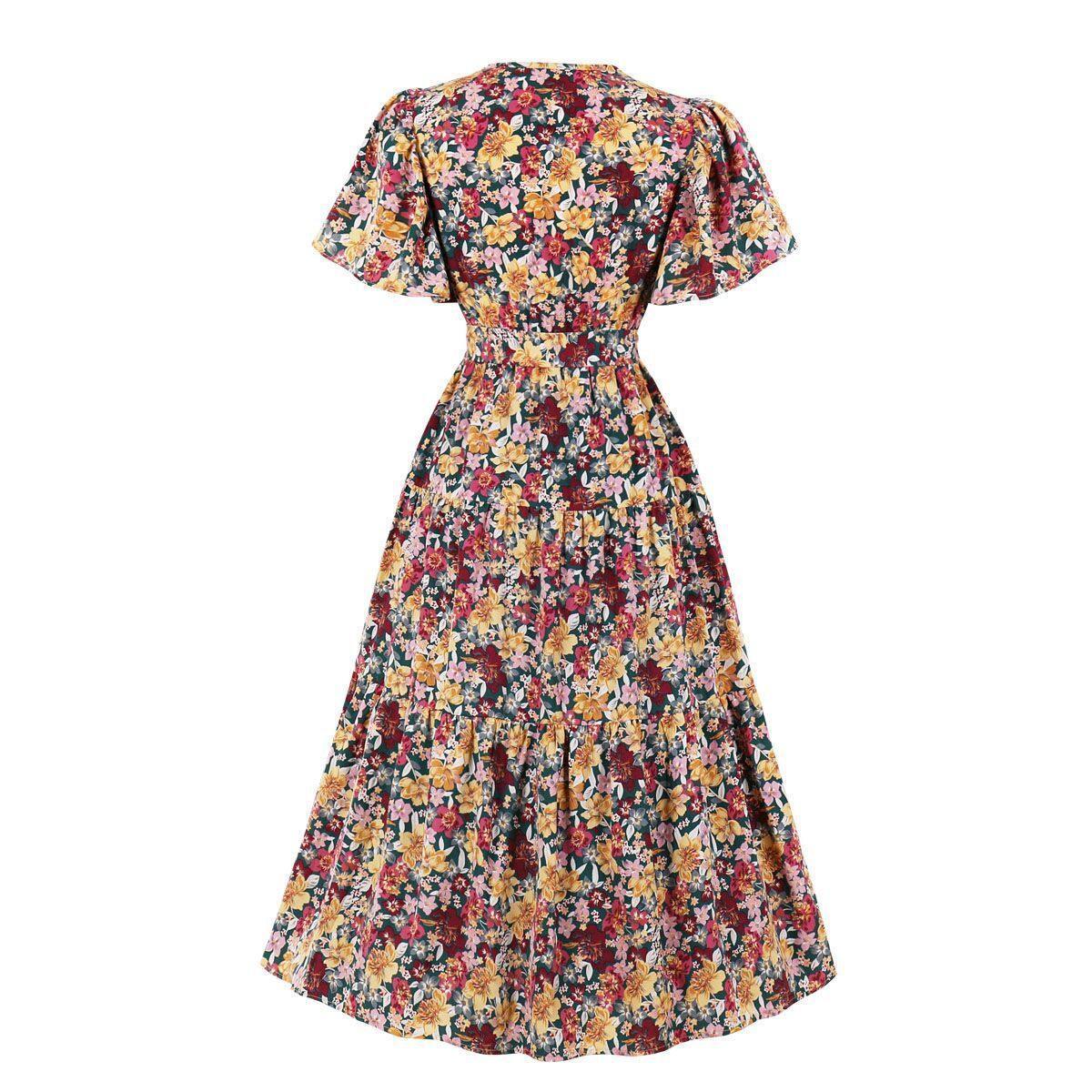 Vintage V Neck Short Sleeves Long Dress-STYLEGOING