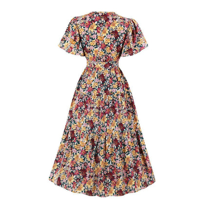 Vintage V Neck Short Sleeves Long Dress-STYLEGOING