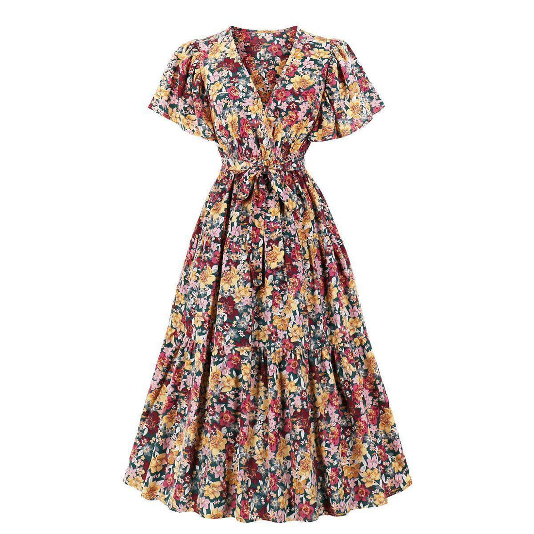 Vintage V Neck Short Sleeves Long Dress-STYLEGOING
