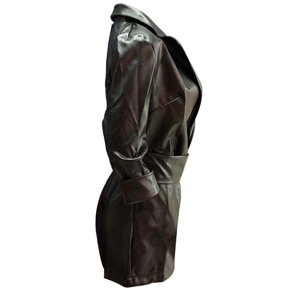 Women Long Sleeves Blazer Mini PU Dresses with Belt