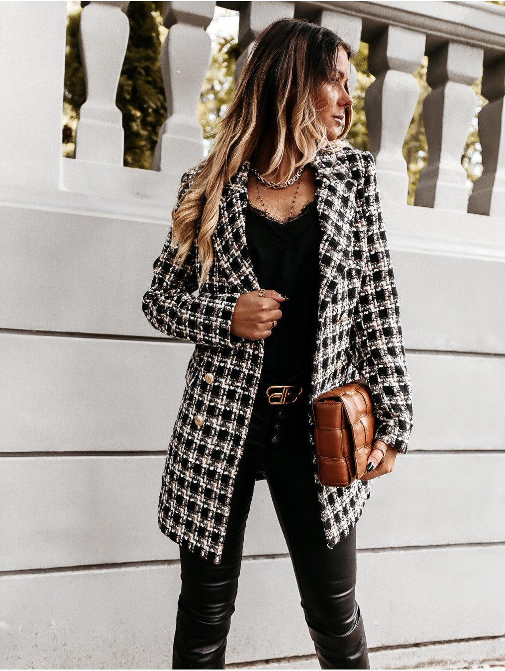 Women Turnover Collar Plaid Winter Overcoat-STYLEGOING