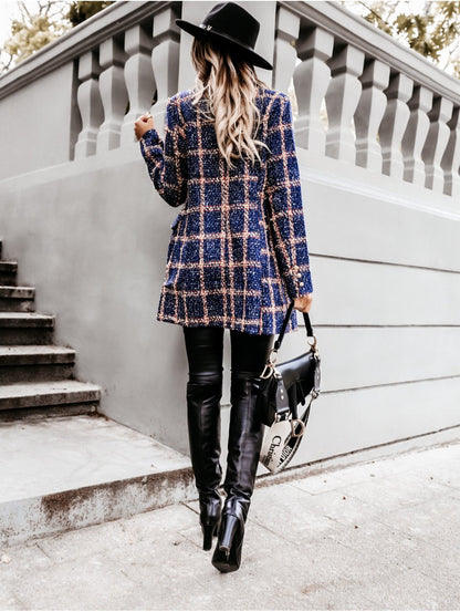 Women Turnover Collar Plaid Winter Overcoat-STYLEGOING