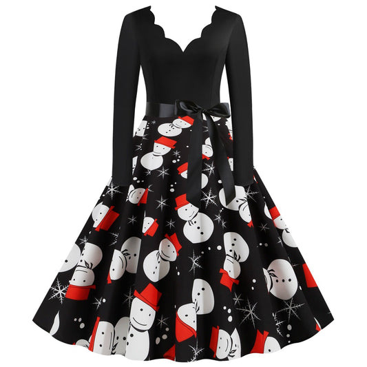 Women Christmas Snowman Slong Sleeves Winter Dresses-STYLEGOING