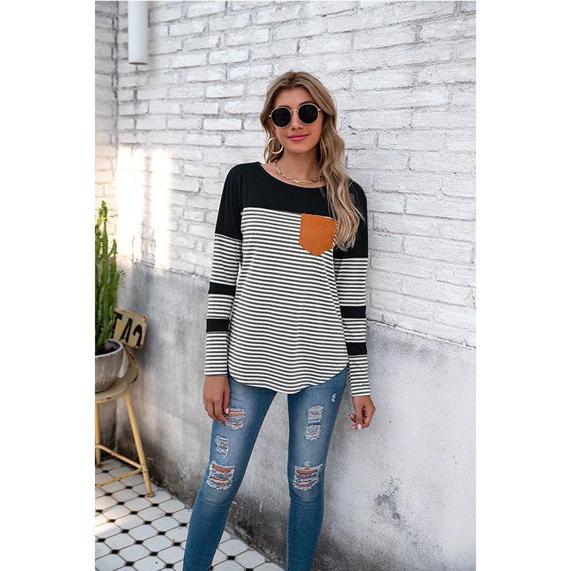 Women Striped Long Sleeves T Shirts-STYLEGOING
