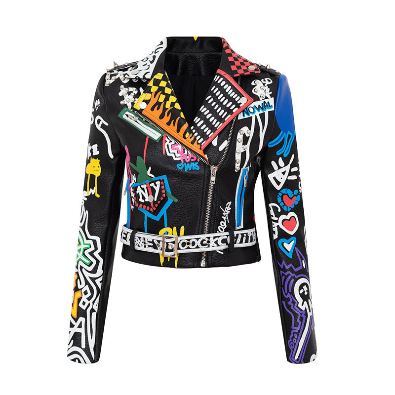 Fashion Grafitti Design Women PU Jacket Coat