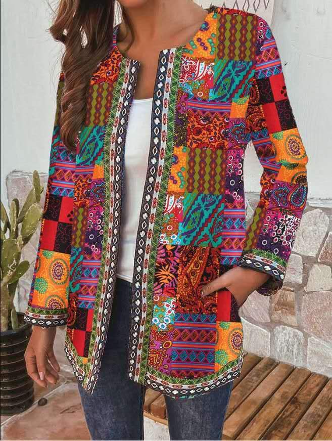 Vintage Cotton Linen Print Plus Size Women Cardigan Coat-Yellow-L-Free Shipping at meselling99