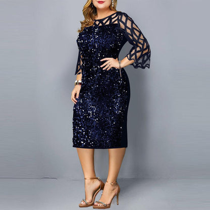 Women Sequin Plus Sizes 3/4 Length Sleeves Fall Dresses-STYLEGOING