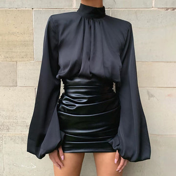 Casual High Neck Women Puff Sleeves Tops