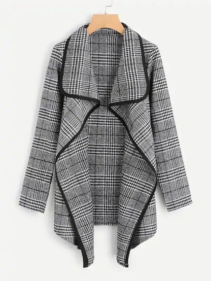 Women Plaid Turnover Collar Woolen Overcoat