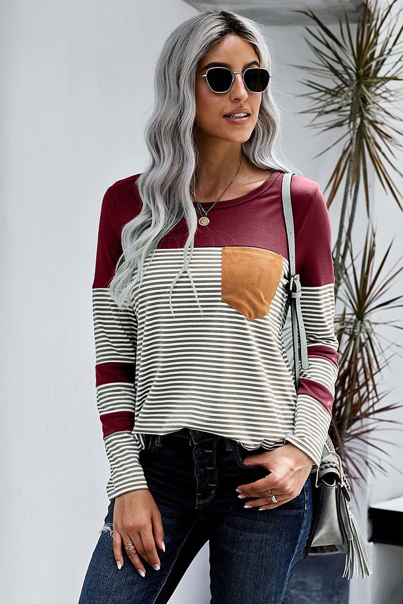 Women Striped Long Sleeves T Shirts-STYLEGOING