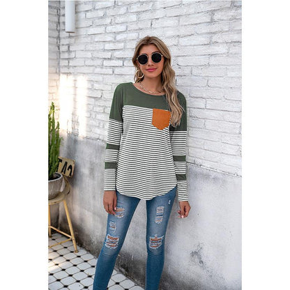 Women Striped Long Sleeves T Shirts-STYLEGOING