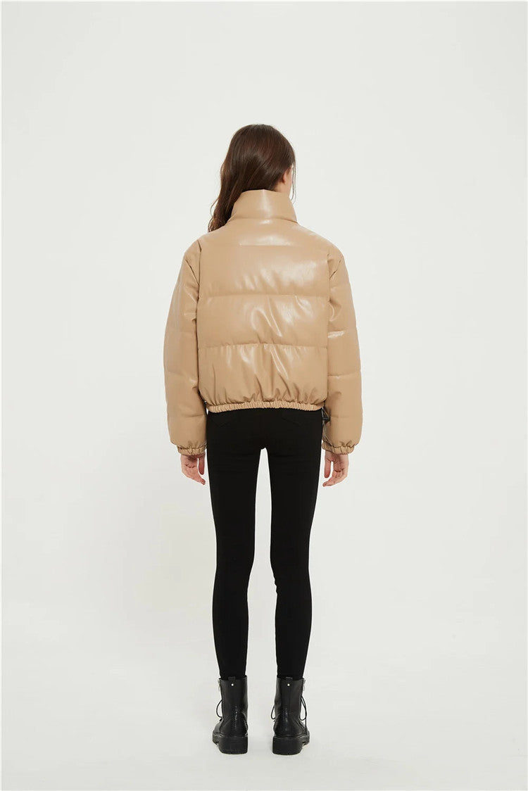 Casual Pu Leather High Neck Women Cotton Jacket Overcoat