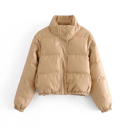 Casual Pu Leather High Neck Women Cotton Jacket Overcoat