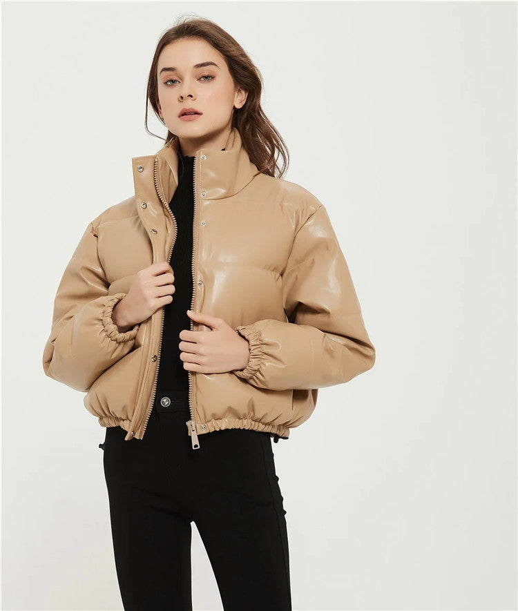 Casual Pu Leather High Neck Women Cotton Jacket Overcoat